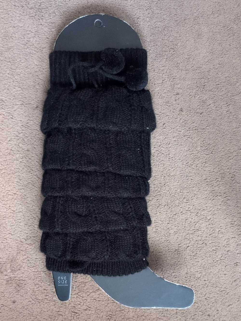 bebe Black Cable Knit Leg Warmers with Pom-Poms Detail